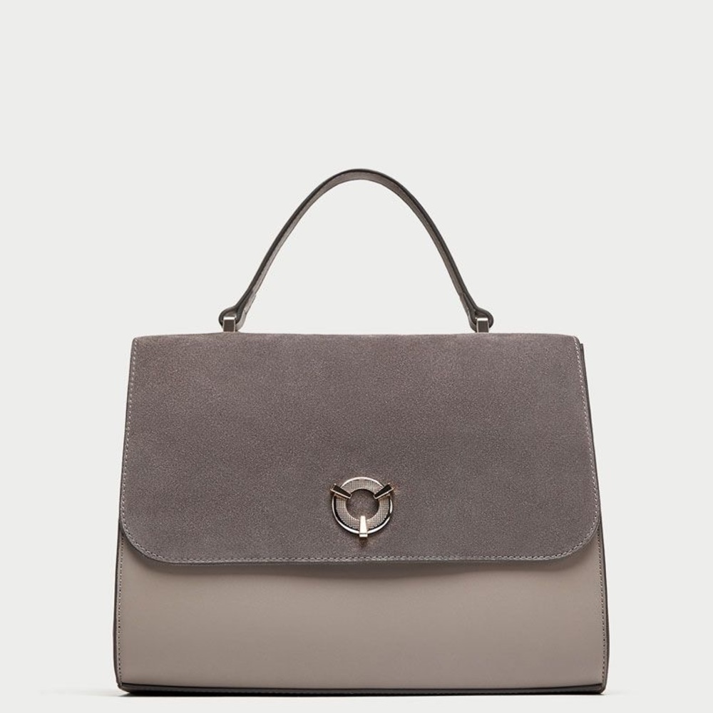 Zara Leather City Bag w/ Flap & Circular Fastener